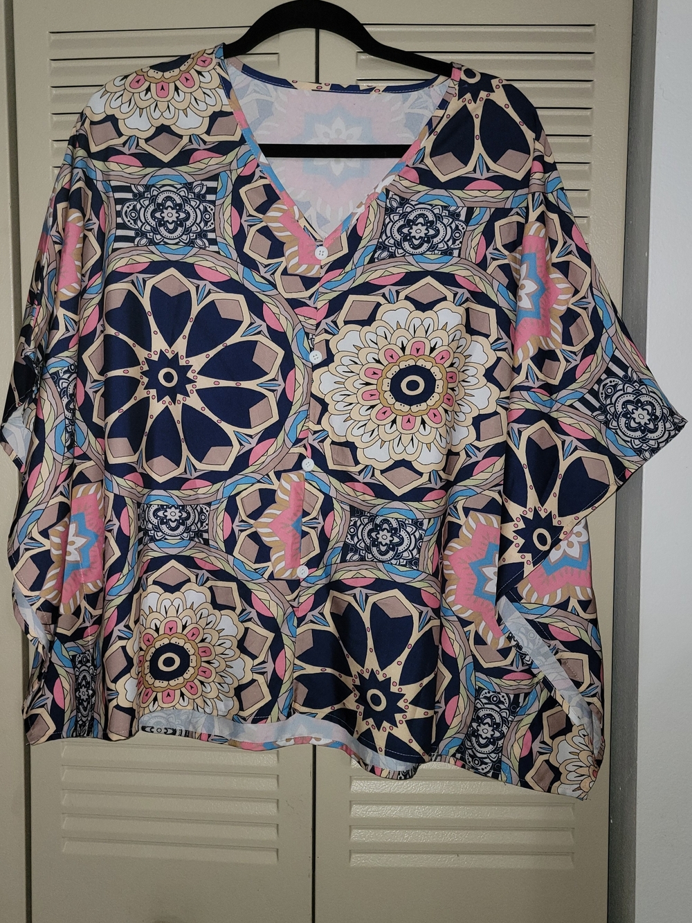 Women's V-Neck Printed Tunic Top in Navy and Pink